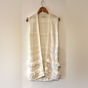 VINCE. 100% Cotton Fringe Knit Boho Cream Long Sweater Vest | XS |